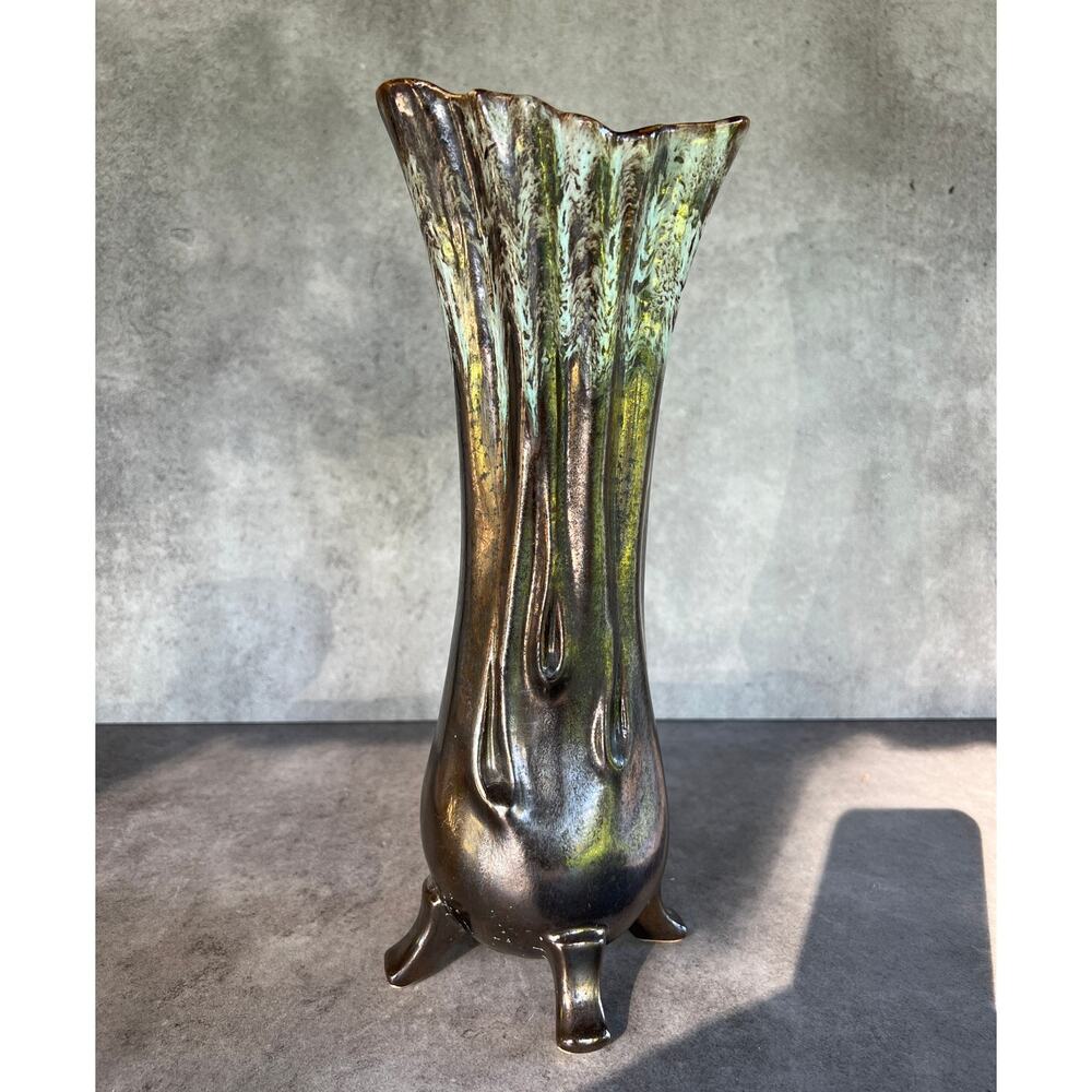 Mid century modern Metallic drip glaze ceramic large footed vase vintage unique - Picture 11 of 12